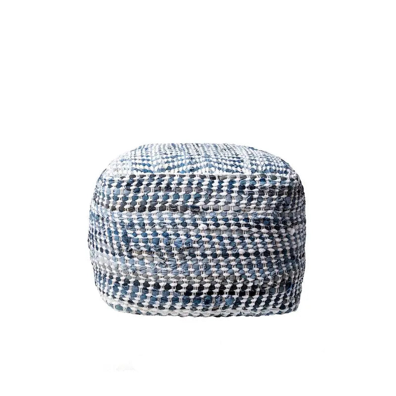 Blue Handmade Denim Textured Ottoman Pouf, Single Seat