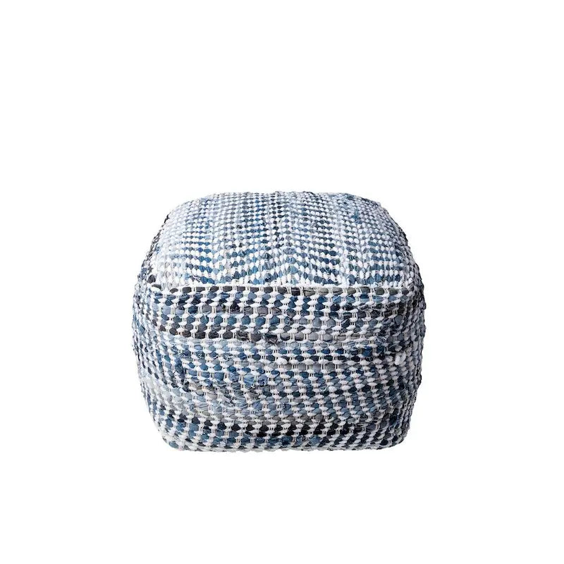 Blue Handmade Denim Textured Ottoman Pouf, Single Seat
