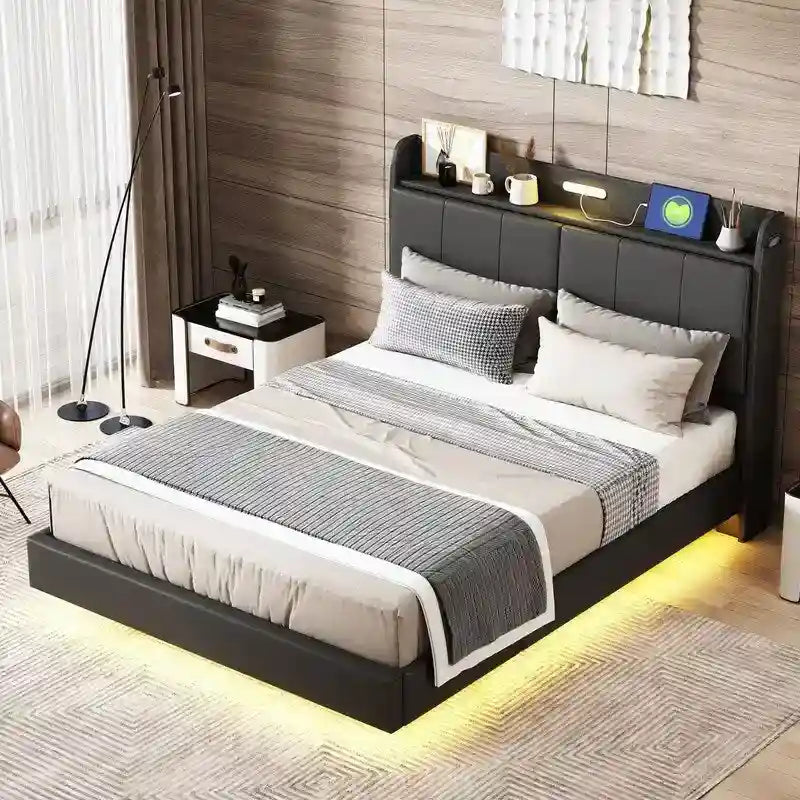 Estructura de cama Queen negra/beige, estilo plataforma, para 1-2 personas, con LED, USB y almacenamiento