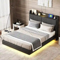 Estructura de cama Queen negra/beige, estilo plataforma, para 1-2 personas, con LED, USB y almacenamiento