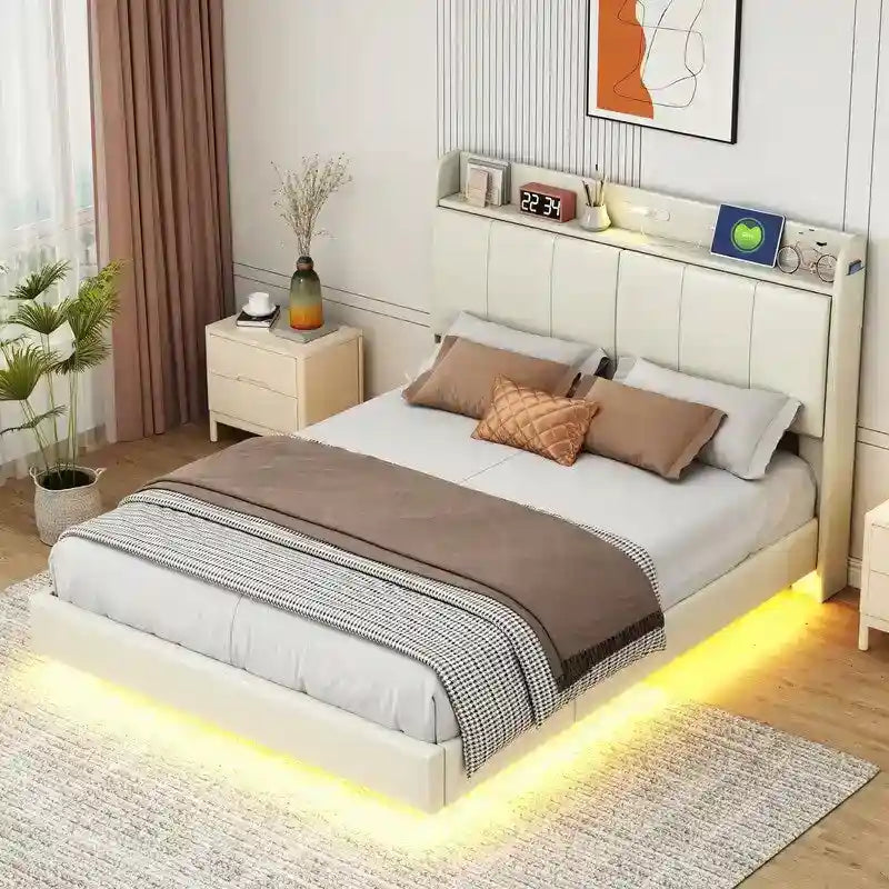 Estructura de cama Queen negra/beige, estilo plataforma, para 1-2 personas, con LED, USB y almacenamiento