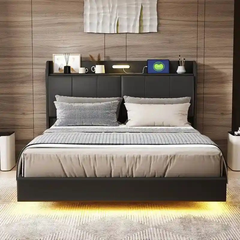 Estructura de cama Queen negra/beige, estilo plataforma, para 1-2 personas, con LED, USB y almacenamiento