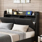 Estructura de cama Queen negra/beige, estilo plataforma, para 1-2 personas, con LED, USB y almacenamiento
