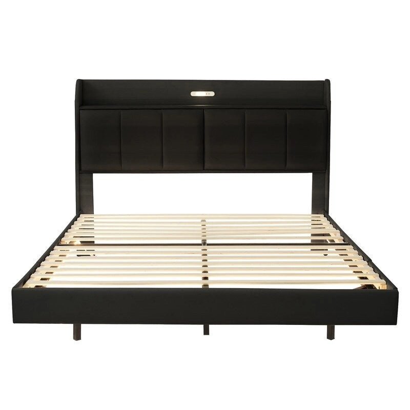 Estructura de cama Queen negra/beige, estilo plataforma, para 1-2 personas, con LED, USB y almacenamiento