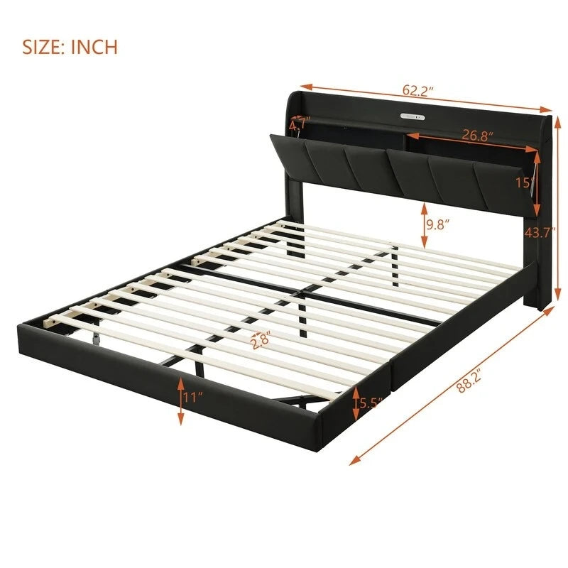 Estructura de cama Queen negra/beige, estilo plataforma, para 1-2 personas, con LED, USB y almacenamiento
