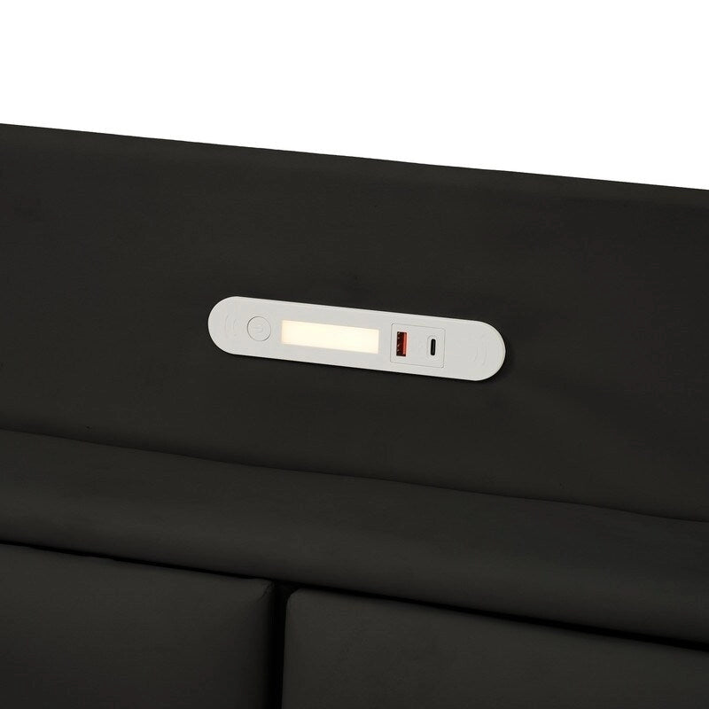 Estructura de cama Queen negra/beige, estilo plataforma, para 1-2 personas, con LED, USB y almacenamiento