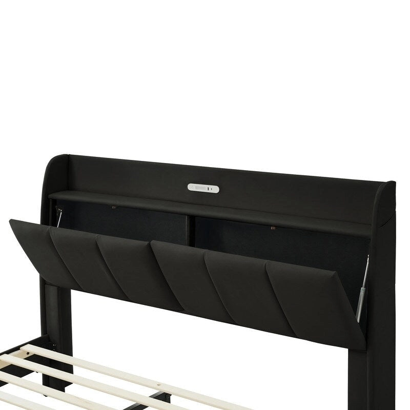 Estructura de cama Queen negra/beige, estilo plataforma, para 1-2 personas, con LED, USB y almacenamiento