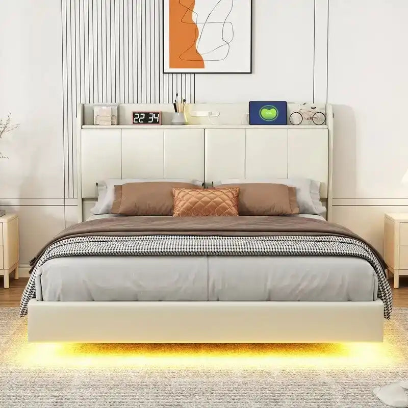 Estructura de cama Queen negra/beige, estilo plataforma, para 1-2 personas, con LED, USB y almacenamiento