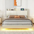 Estructura de cama Queen negra/beige, estilo plataforma, para 1-2 personas, con LED, USB y almacenamiento