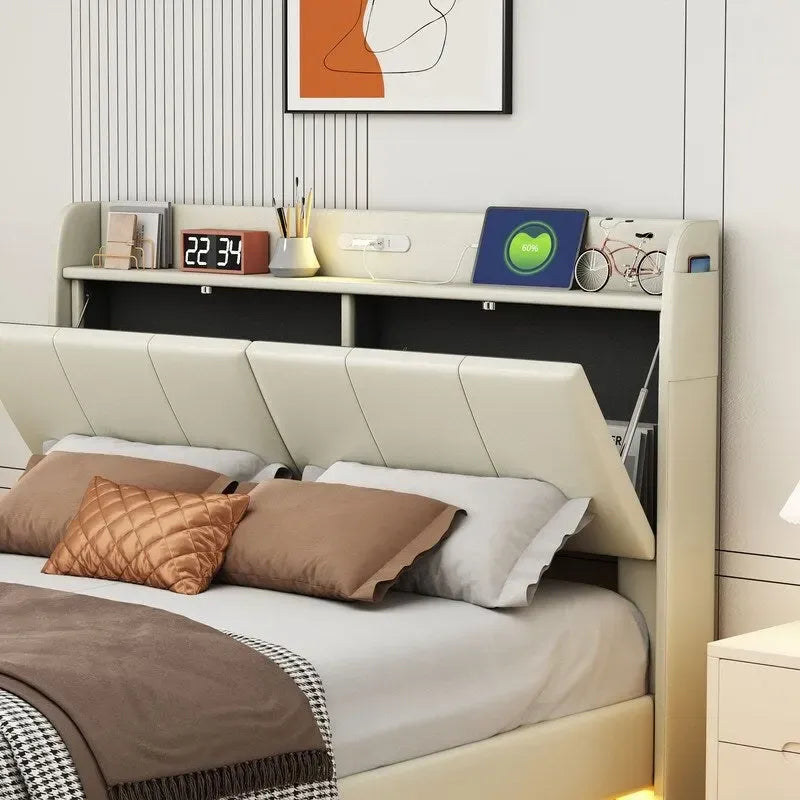 Estructura de cama Queen negra/beige, estilo plataforma, para 1-2 personas, con LED, USB y almacenamiento