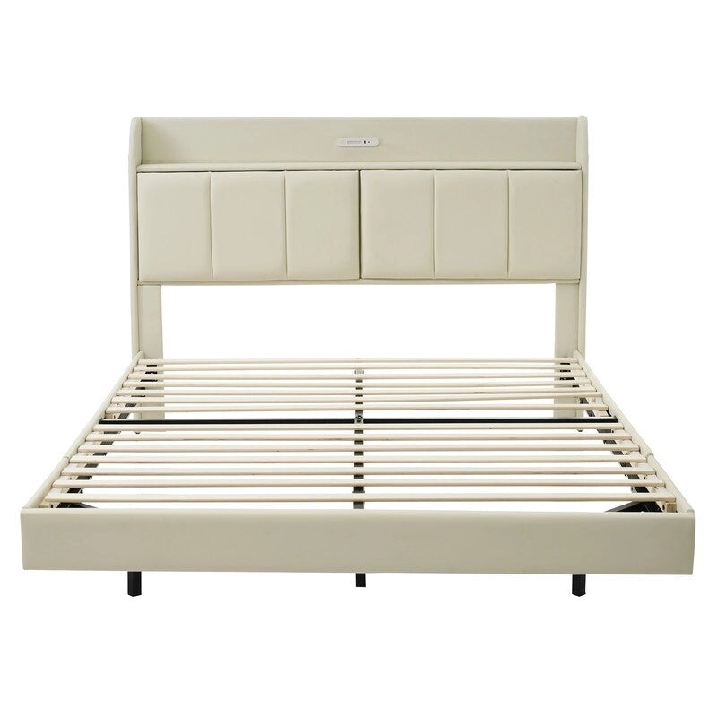 Estructura de cama Queen negra/beige, estilo plataforma, para 1-2 personas, con LED, USB y almacenamiento
