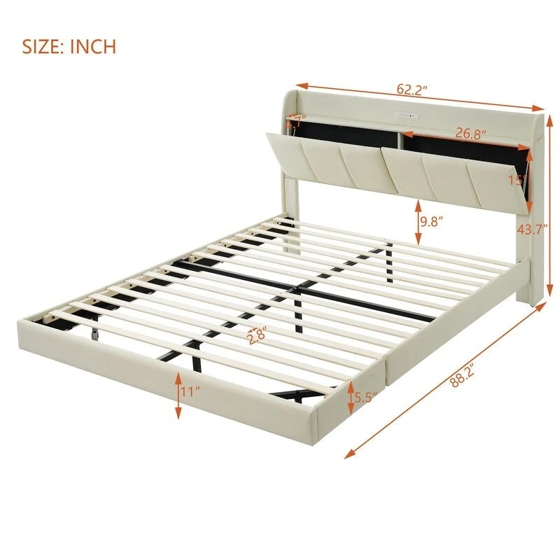 Estructura de cama Queen negra/beige, estilo plataforma, para 1-2 personas, con LED, USB y almacenamiento