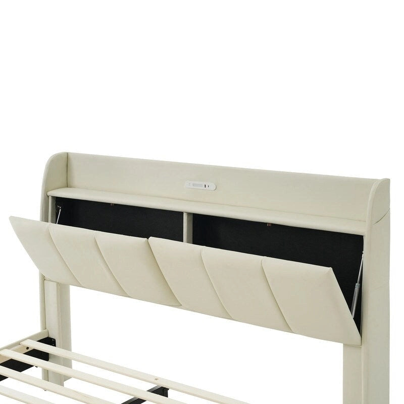 Estructura de cama Queen negra/beige, estilo plataforma, para 1-2 personas, con LED, USB y almacenamiento