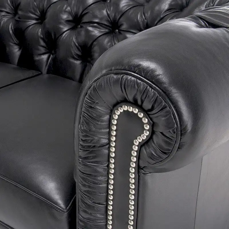 Black Tufted Chesterfield Leather Sofa, 3-Seater