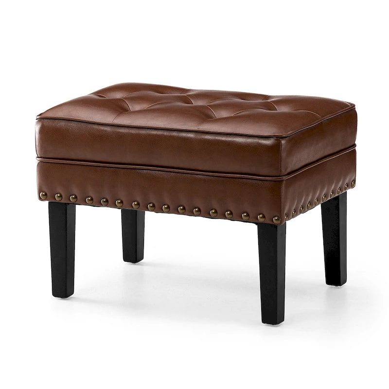 Black / Coffee, Mid-Century Style, 1-Person Faux Leather Tufted Ottoman
