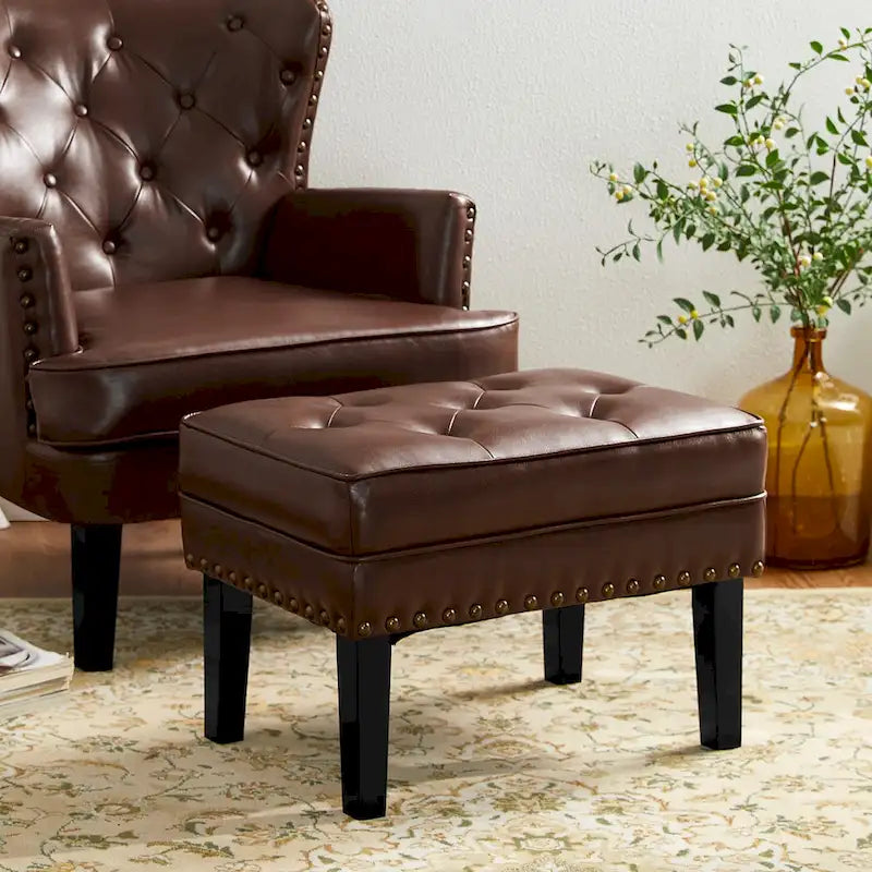 Black / Coffee, Mid-Century Style, 1-Person Faux Leather Tufted Ottoman
