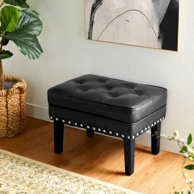Black / Coffee, Mid-Century Style, 1-Person Faux Leather Tufted Ottoman