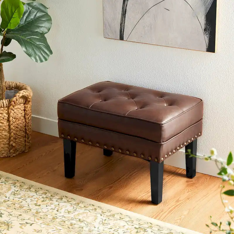 Black / Coffee, Mid-Century Style, 1-Person Faux Leather Tufted Ottoman