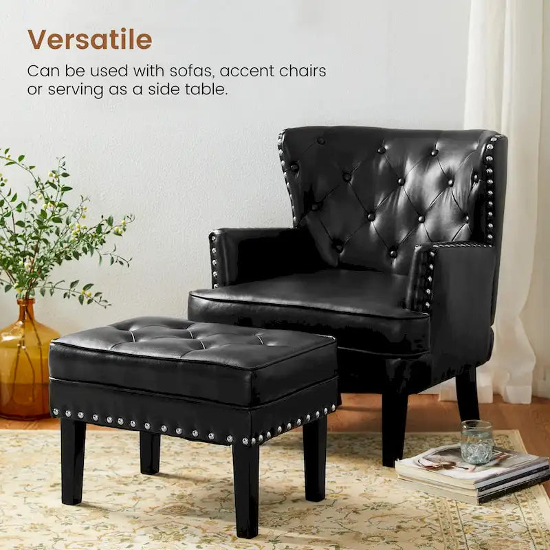 Black / Coffee, Mid-Century Style, 1-Person Faux Leather Tufted Ottoman