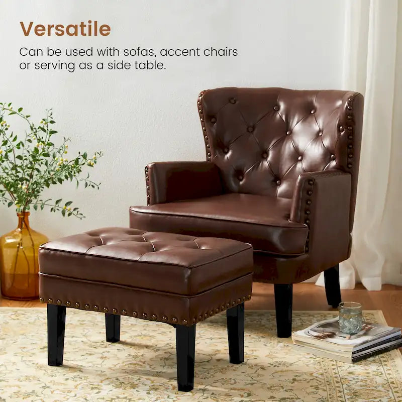Black / Coffee, Mid-Century Style, 1-Person Faux Leather Tufted Ottoman