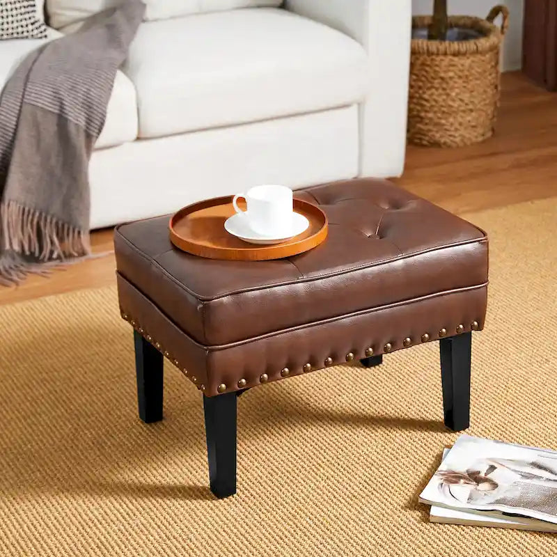 Black / Coffee, Mid-Century Style, 1-Person Faux Leather Tufted Ottoman