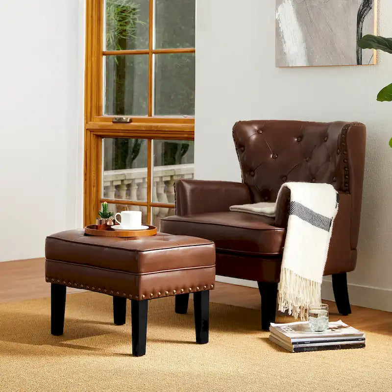 Black / Coffee, Mid-Century Style, 1-Person Faux Leather Tufted Ottoman