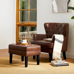 Black / Coffee, Mid-Century Style, 1-Person Faux Leather Tufted Ottoman