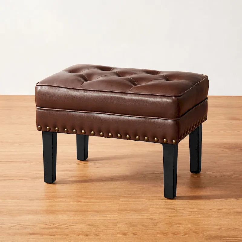 Black / Coffee, Mid-Century Style, 1-Person Faux Leather Tufted Ottoman