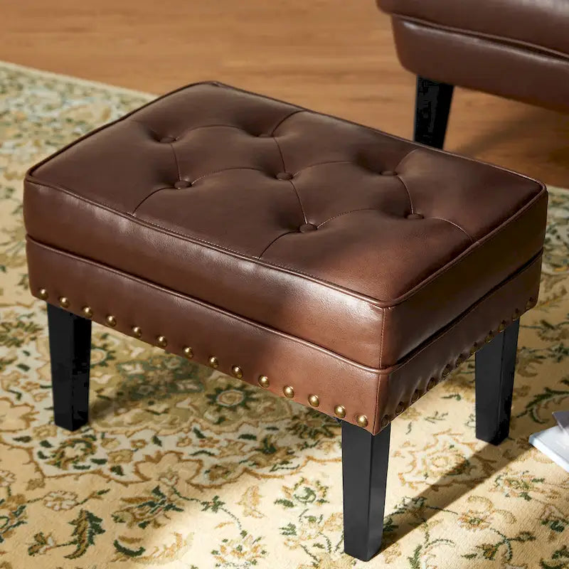 Black / Coffee, Mid-Century Style, 1-Person Faux Leather Tufted Ottoman