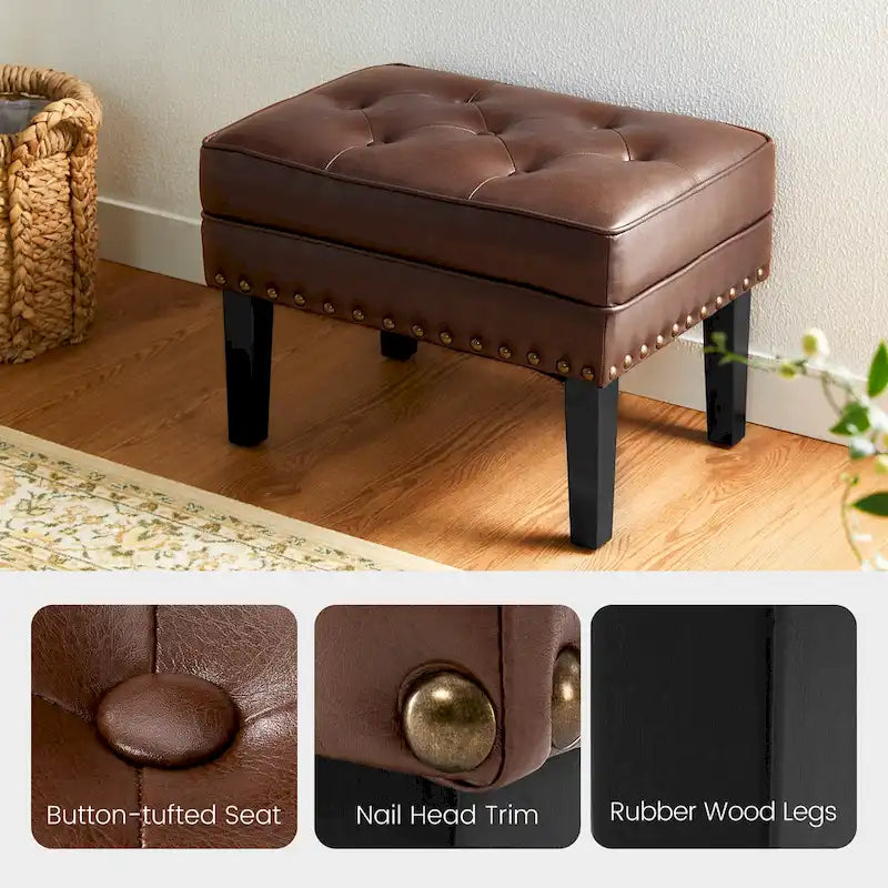 Black / Coffee, Mid-Century Style, 1-Person Faux Leather Tufted Ottoman