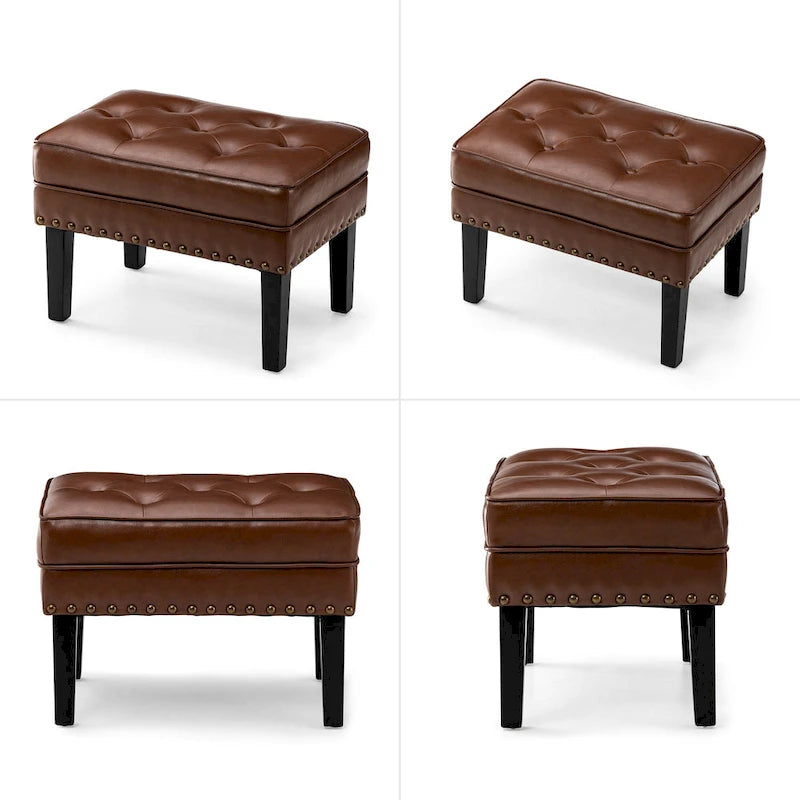 Black / Coffee, Mid-Century Style, 1-Person Faux Leather Tufted Ottoman