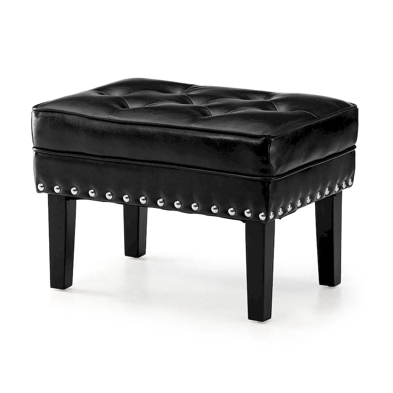 Black / Coffee, Mid-Century Style, 1-Person Faux Leather Tufted Ottoman