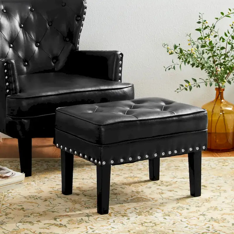 Black / Coffee, Mid-Century Style, 1-Person Faux Leather Tufted Ottoman