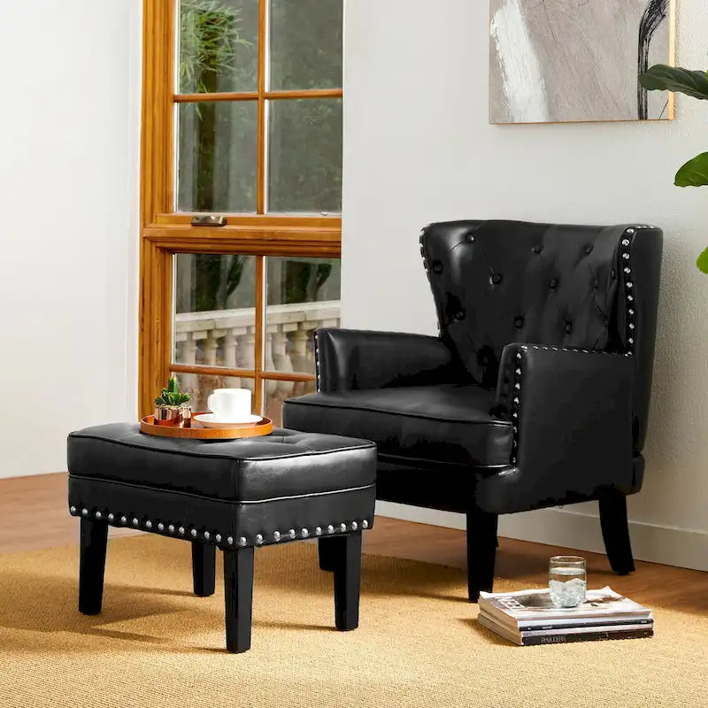 Black / Coffee, Mid-Century Style, 1-Person Faux Leather Tufted Ottoman