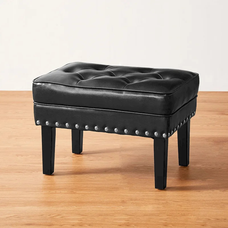 Black / Coffee, Mid-Century Style, 1-Person Faux Leather Tufted Ottoman