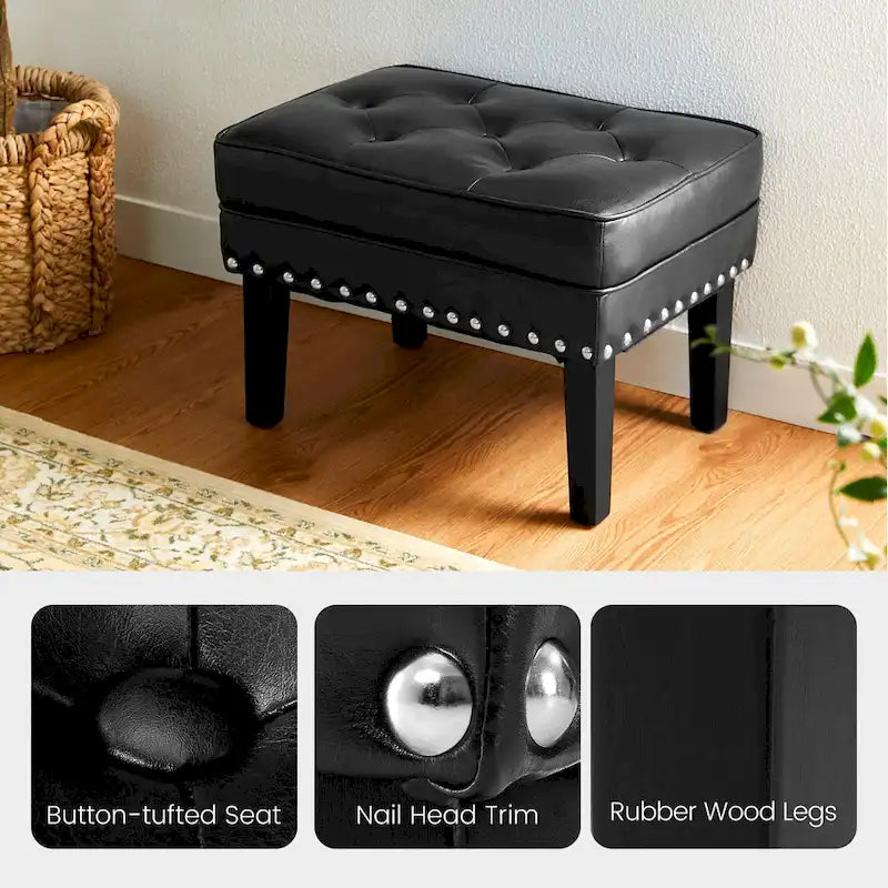 Black / Coffee, Mid-Century Style, 1-Person Faux Leather Tufted Ottoman
