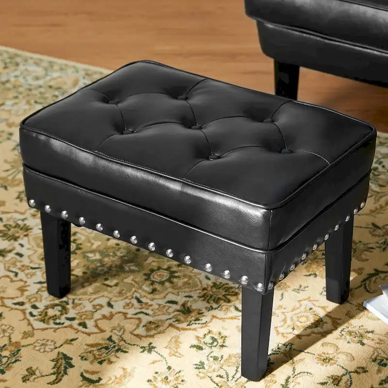 Black / Coffee, Mid-Century Style, 1-Person Faux Leather Tufted Ottoman