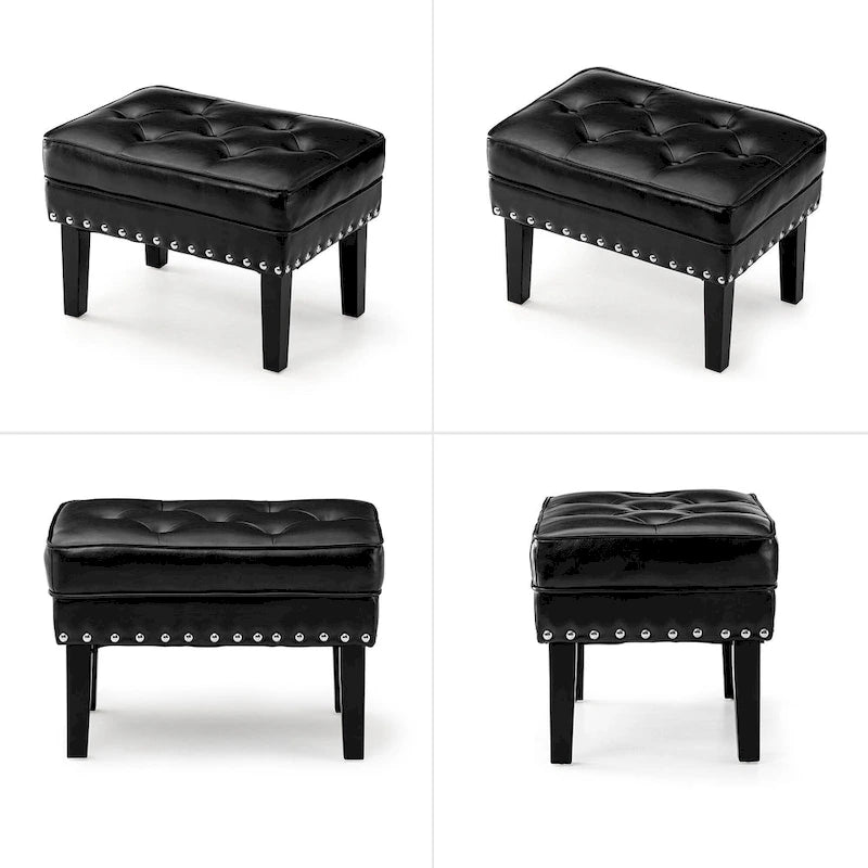 Black / Coffee, Mid-Century Style, 1-Person Faux Leather Tufted Ottoman