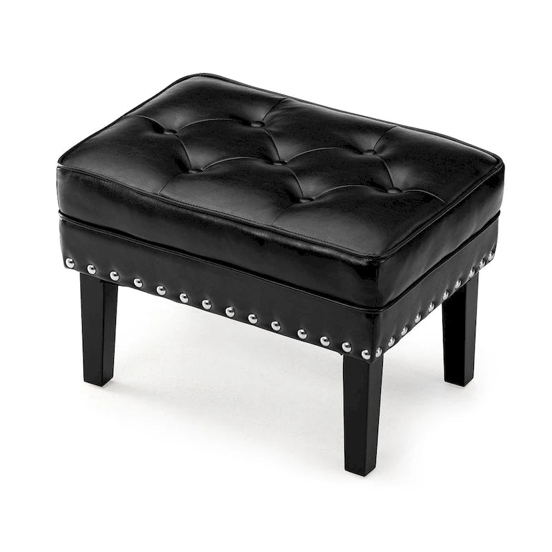 Black / Coffee, Mid-Century Style, 1-Person Faux Leather Tufted Ottoman