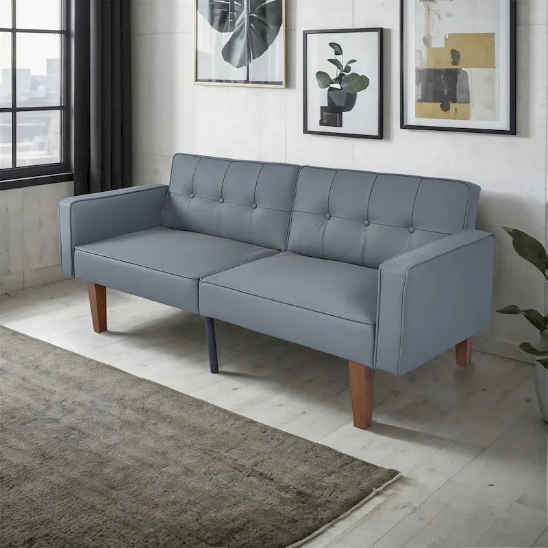 Beige/Multi-Color Faux Leather & Fabric Convertible Futon Sofa, 2-Seat Split-Back Sleeper
