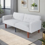 Futón sofá convertible de piel sintética y tela beige/multicolor, cama de dos plazas con respaldo dividido