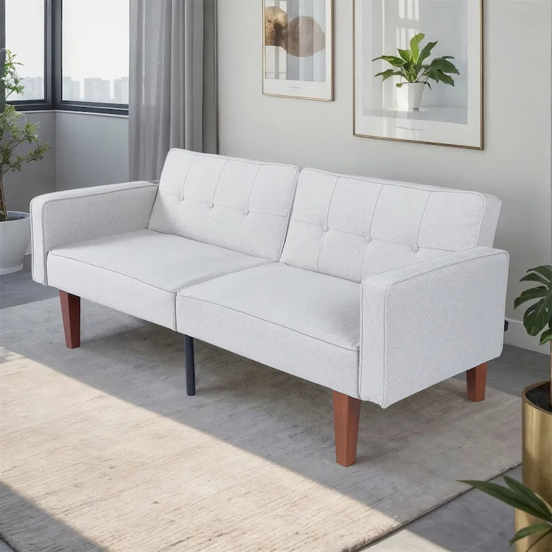 Beige/Multi-Color Faux Leather & Fabric Convertible Futon Sofa, 2-Seat Split-Back Sleeper