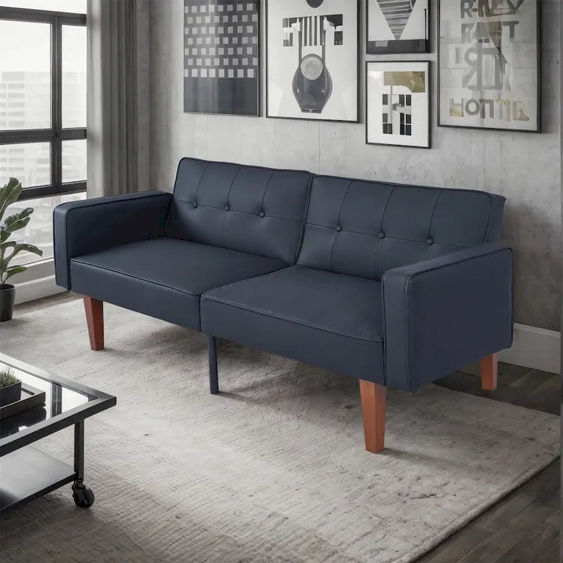 Beige/Multi-Color Faux Leather & Fabric Convertible Futon Sofa, 2-Seat Split-Back Sleeper