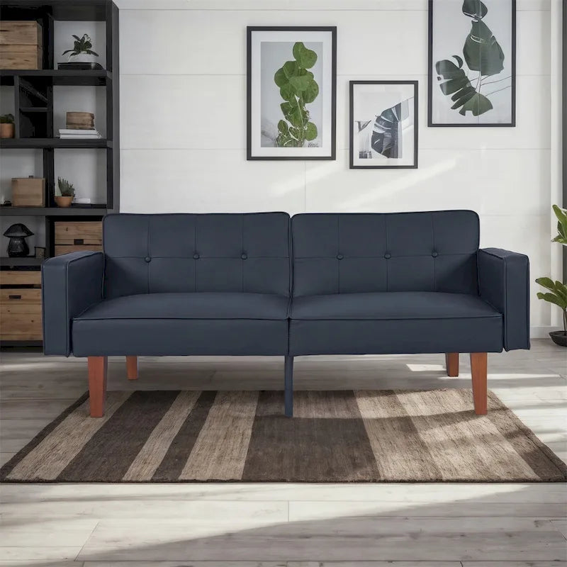 Beige/Multi-Color Faux Leather & Fabric Convertible Futon Sofa, 2-Seat Split-Back Sleeper