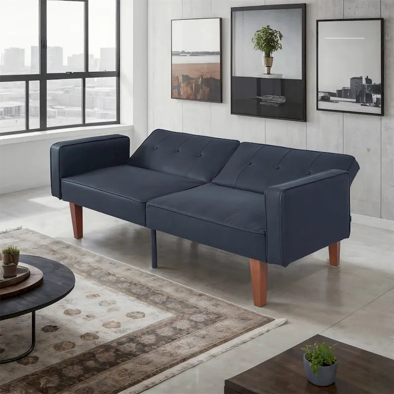 Futón sofá convertible de piel sintética y tela beige/multicolor, cama de dos plazas con respaldo dividido