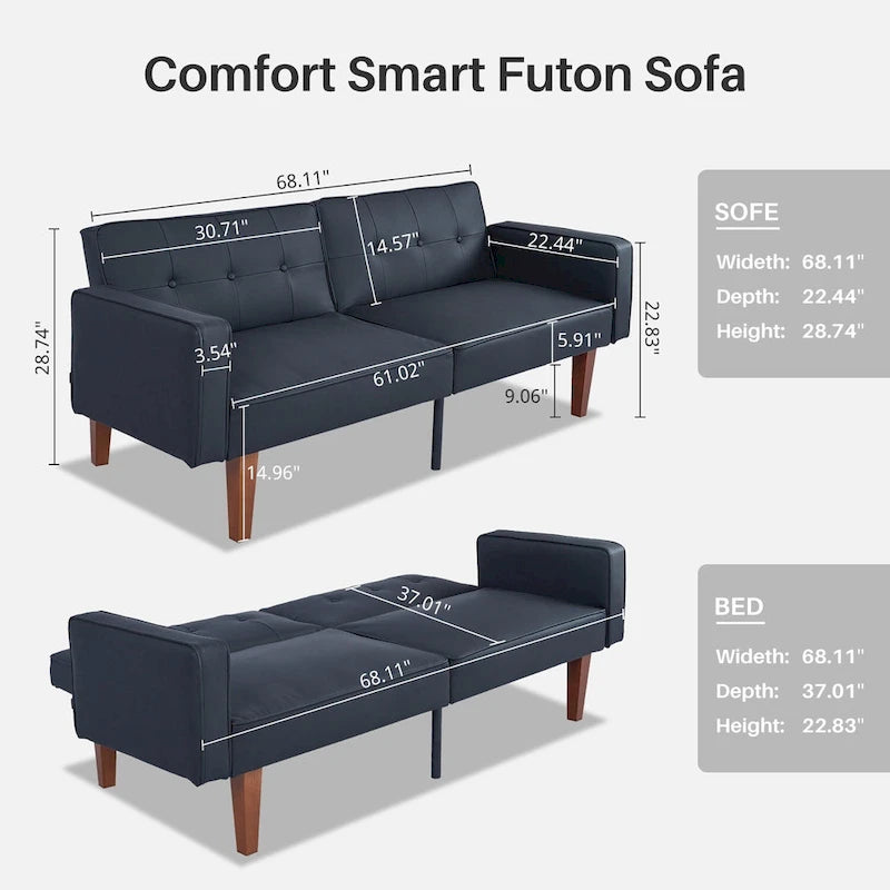 Futón sofá convertible de piel sintética y tela beige/multicolor, cama de dos plazas con respaldo dividido