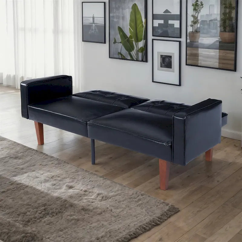 Futón sofá convertible de piel sintética y tela beige/multicolor, cama de dos plazas con respaldo dividido