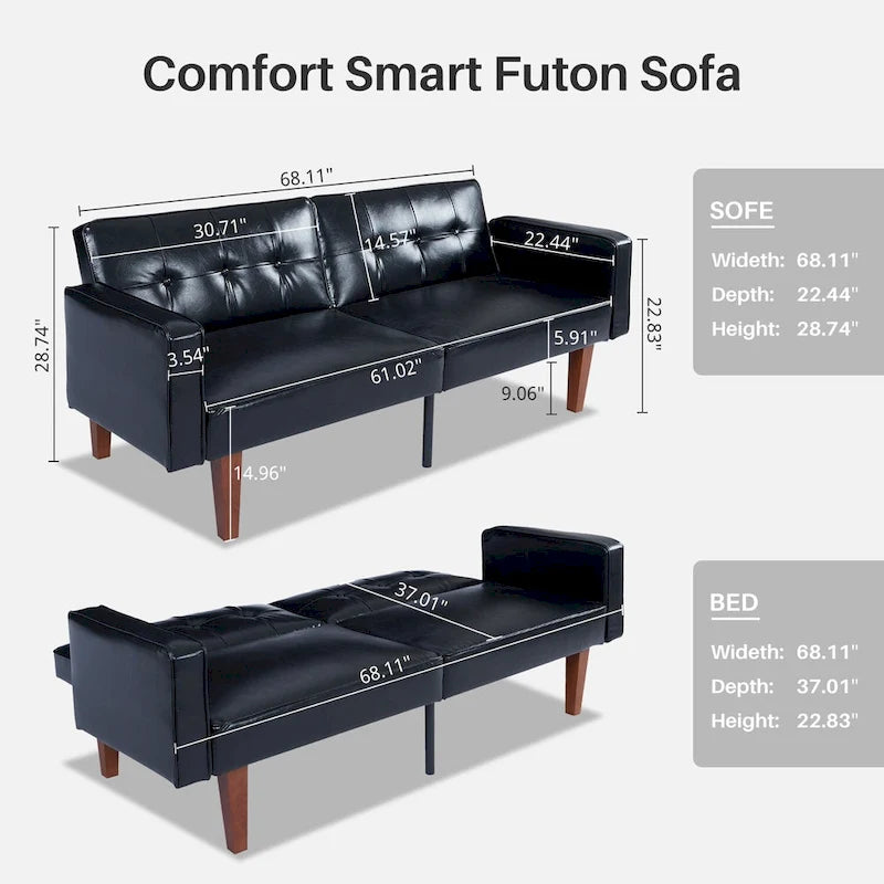 Futón sofá convertible de piel sintética y tela beige/multicolor, cama de dos plazas con respaldo dividido
