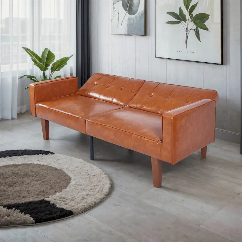 Futón sofá convertible de piel sintética y tela beige/multicolor, cama de dos plazas con respaldo dividido
