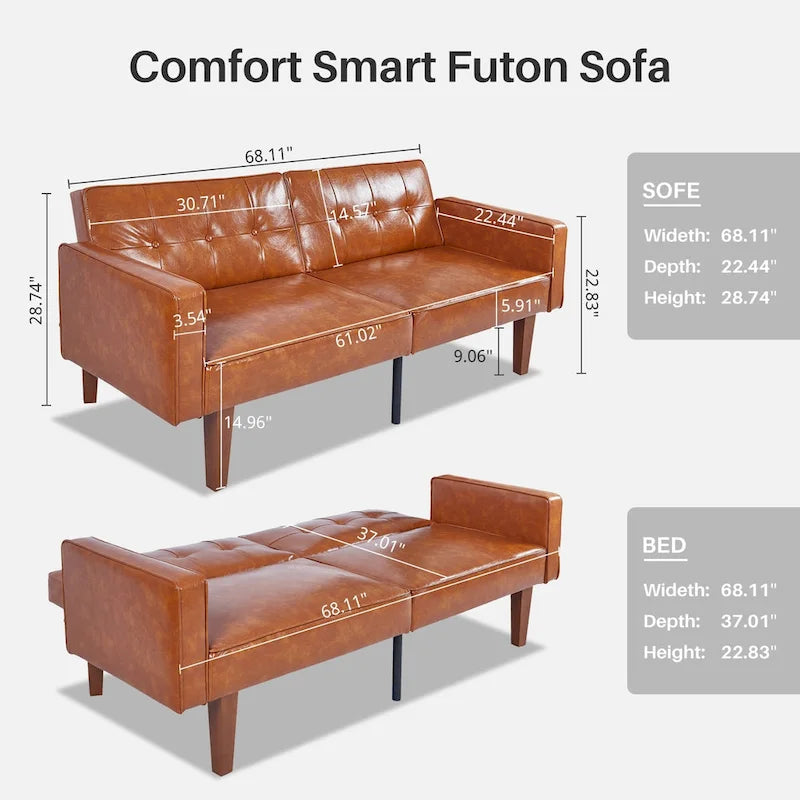 Futón sofá convertible de piel sintética y tela beige/multicolor, cama de dos plazas con respaldo dividido